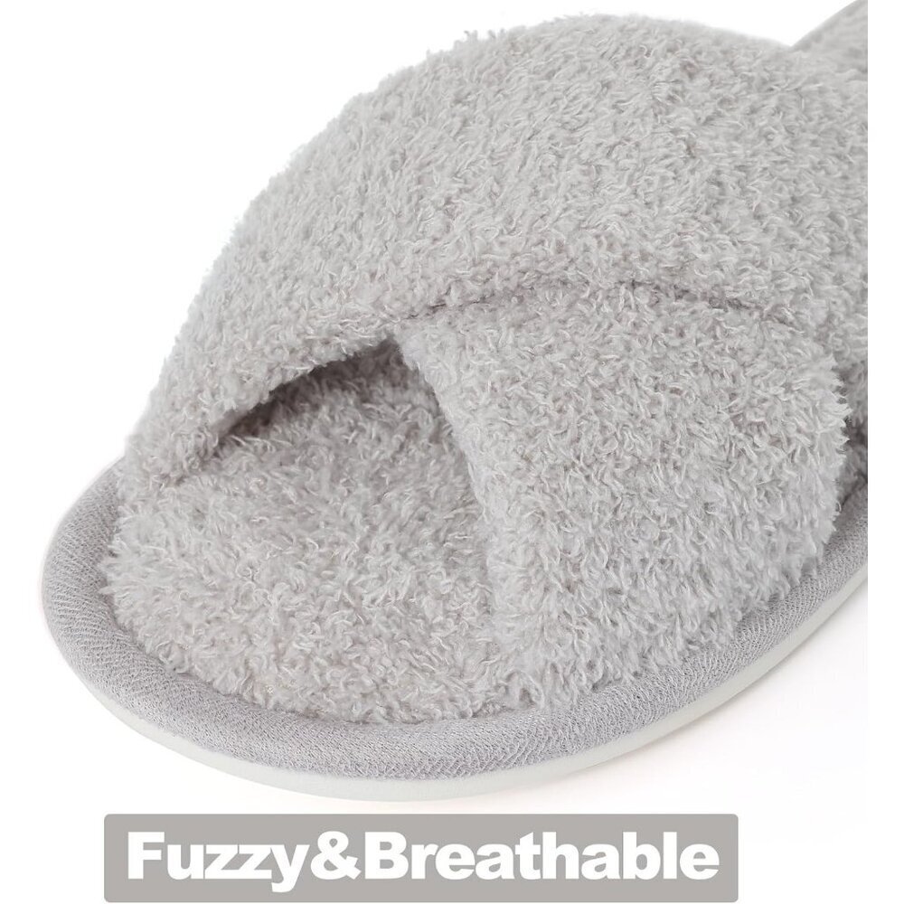 Women's Gray Fuzzy Cross Band Memory Foam Open-Toe House Slippers - Picture 3 of 6